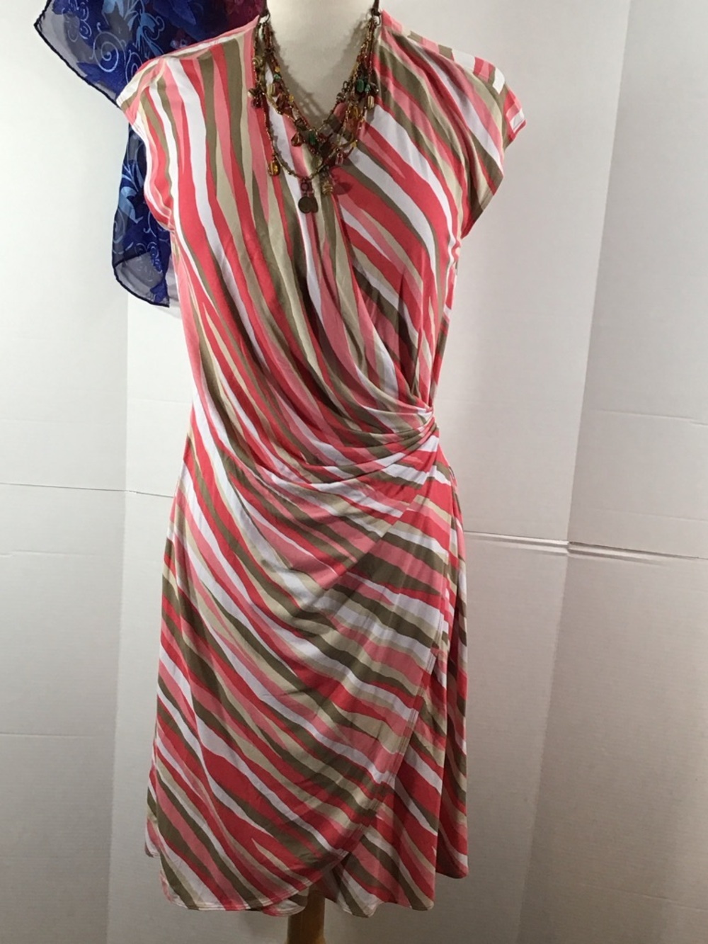 Tommy Bahama Women's Pink Striped Wrap-Style stretch ruched dress M